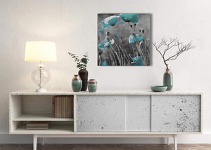 Teal Poppy Grey Poppies Flower Floral Hallway Canvas Pictures Decorations - Abstract 1s139m - 64cm Square Print