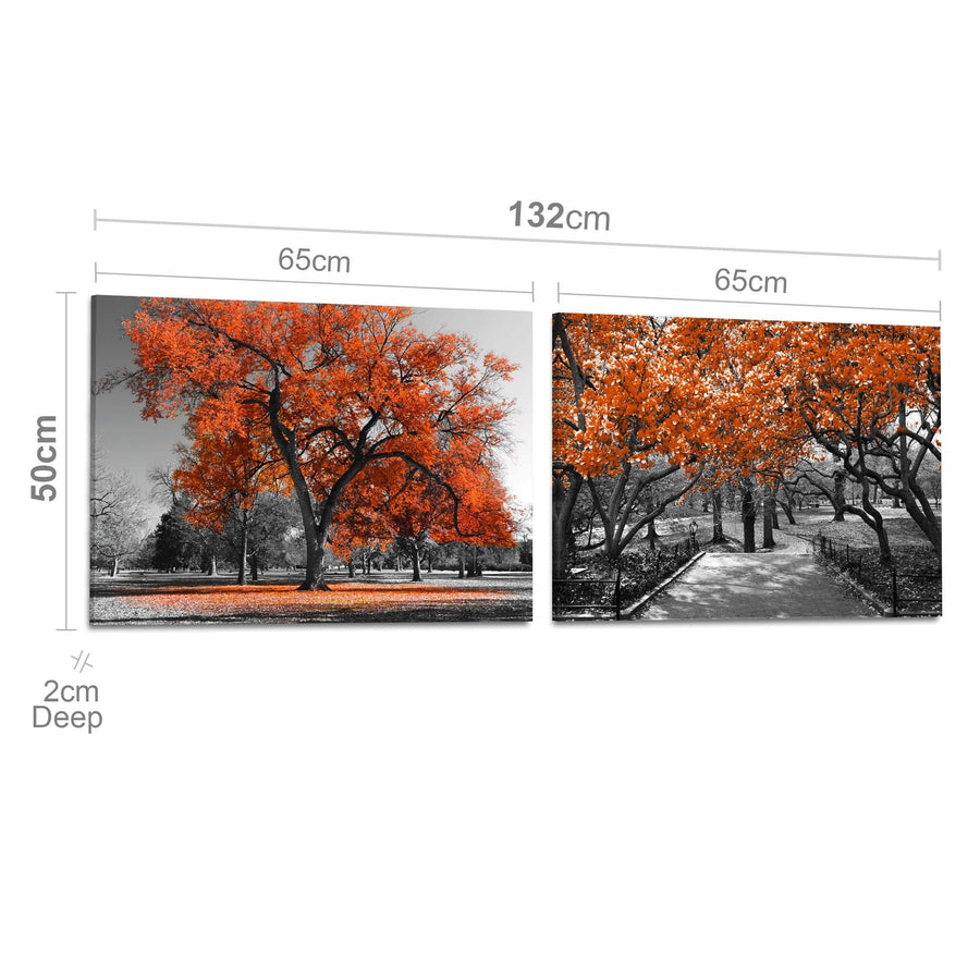 Terracotta Grey Canvas Wall Art - Trees Leaves Blossom - Set of 2 Pictures