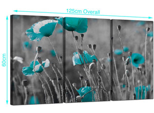 3 Panel Turquoise Poppy Canvas Pictures 125cm x 60cm 3139