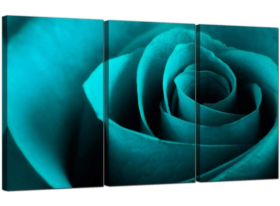 Set of 3 Floral Canvas Wall Art Blue Green Rose 3109