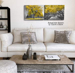 Yellow Grey Black Canvas Wall Art - Trees Leaves Blossom - Set of 2 Pictures