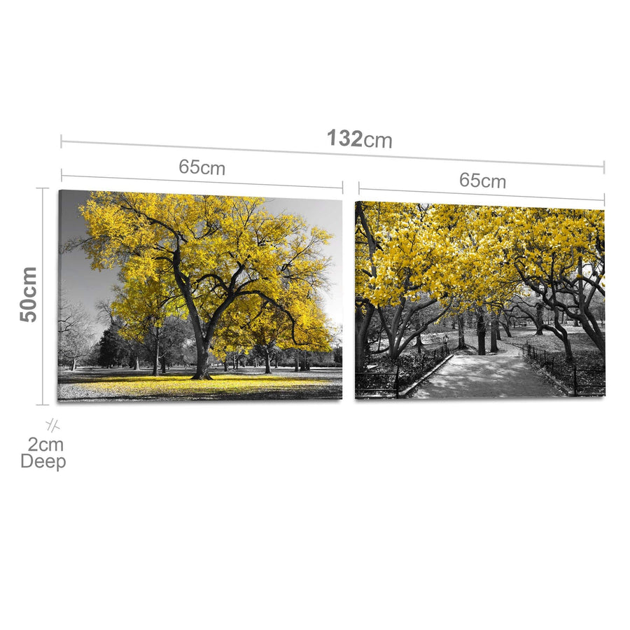 Yellow Grey Black Canvas Wall Art - Trees Leaves Blossom - Set of 2 Pictures