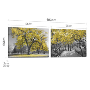 Yellow Grey Black Canvas Wall Art - Trees Leaves Blossom - Set of 2 Pictures